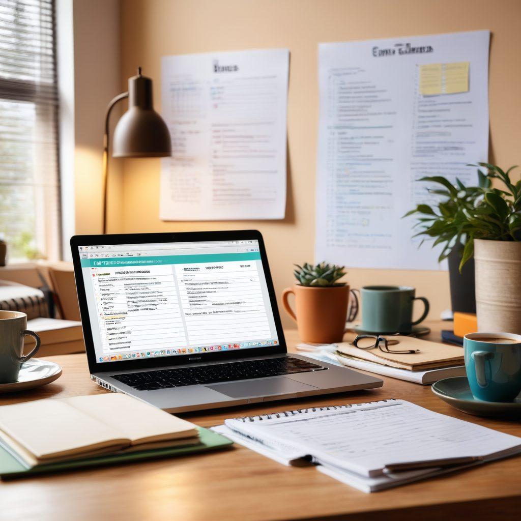 A dynamic workspace with a laptop displaying an online exam interface, surrounded by study materials like textbooks, notes, and a cup of coffee. Background features motivational posters and gentle lighting. Vivid colors and slight futuristic touch. super-realistic. vibrant colors.