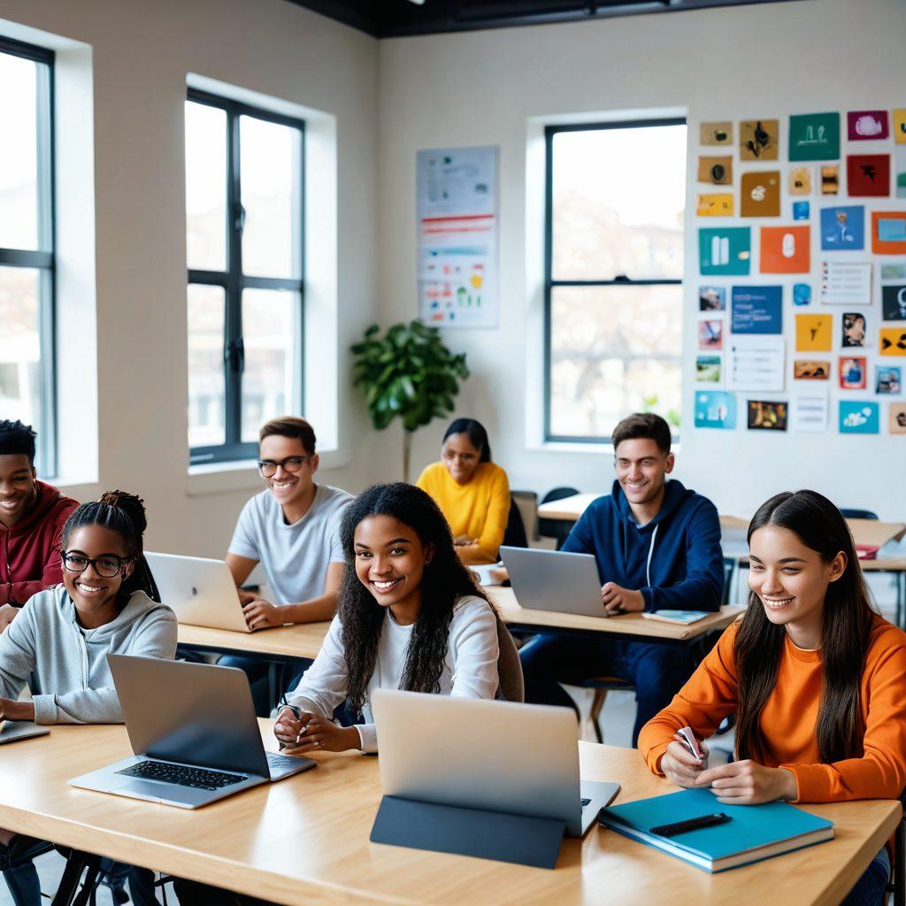 A dynamic image featuring a diverse group of happy students studying with laptops and tablets, surrounded by digital icons representing different web-based resources like online courses, flashcards, practice tests, and discussion forums. Include a background of a cozy, modern study environment with bright natural light. super-realistic. vibrant colors. white background.