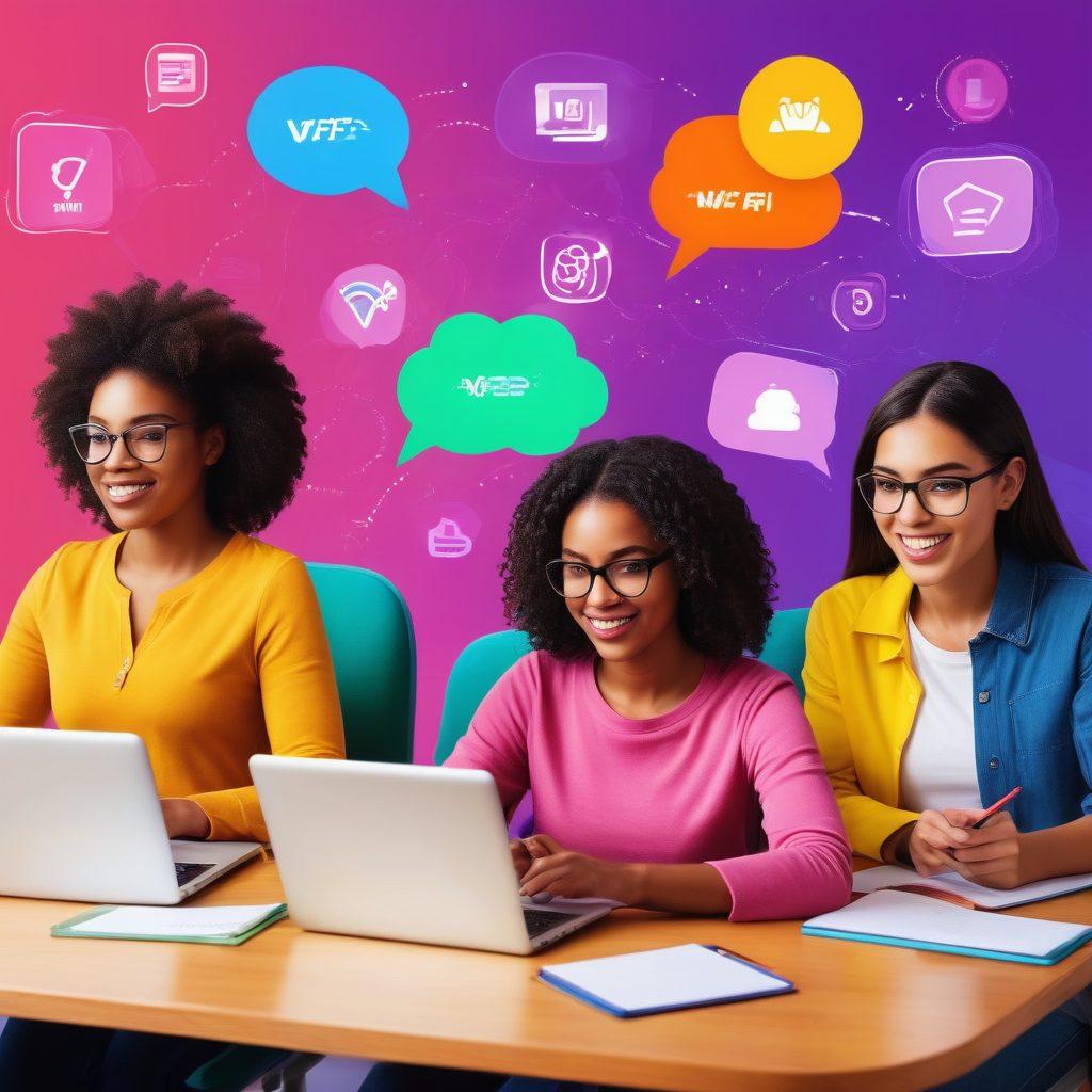 A diverse group of students confidently taking an online exam, surrounded by various digital tools such as laptops, tablets, and smartphones, with a virtual classroom backdrop. Illustrated tips and strategies hover around them in vibrant text bubbles. Digital icons like Wi-Fi signals, checkmarks, and clocks are subtly integrated. vector art. vibrant colors.